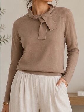 Alex Marie Silk Blend Tie Neck Knit Sweater XL Camel Taupe Quiet Luxury Soft Top